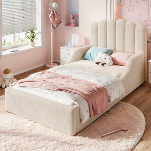 English Elm Twin Teddy Plush Low Profile Kids Bed Scalloped Headboard Padded Floor Frame Twin Beige W5305P519387