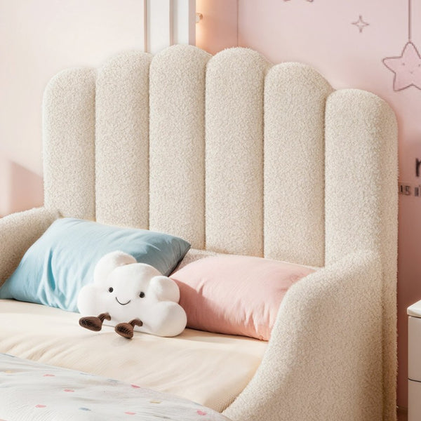 English Elm Twin Teddy Plush Low Profile Kids Bed Scalloped Headboard Padded Floor Frame Twin Beige W5305P519387