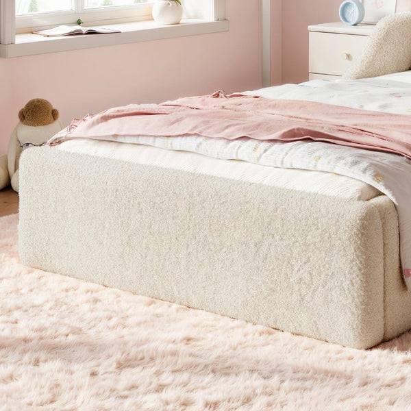 English Elm Twin Teddy Plush Low Profile Kids Bed Scalloped Headboard Padded Floor Frame Twin Beige W5305P519387