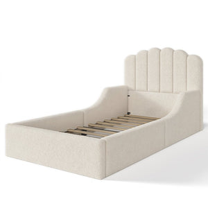 English Elm Twin Teddy Plush Low Profile Kids Bed Scalloped Headboard Padded Floor Frame Twin Beige W5305P519387