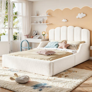 English Elm Twin Teddy Plush Low Profile Kids Bed Scalloped Headboard Padded Floor Frame Full Antique White W5305P519389