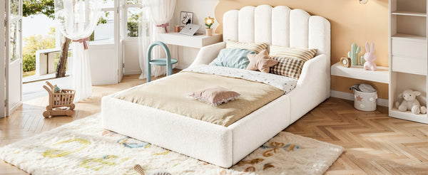 English Elm Twin Teddy Plush Low Profile Kids Bed Scalloped Headboard Padded Floor Frame Full Antique White W5305P519389