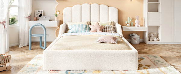 English Elm Twin Teddy Plush Low Profile Kids Bed Scalloped Headboard Padded Floor Frame Full Antique White W5305P519389