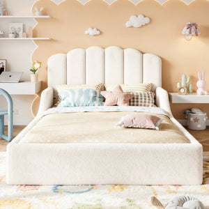 English Elm Twin Teddy Plush Low Profile Kids Bed Scalloped Headboard Padded Floor Frame Full Antique White W5305P519389