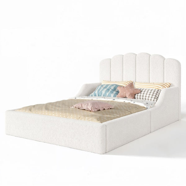 English Elm Twin Teddy Plush Low Profile Kids Bed Scalloped Headboard Padded Floor Frame Full Antique White W5305P519389