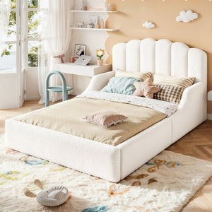 English Elm Twin Teddy Plush Low Profile Kids Bed Scalloped Headboard Padded Floor Frame Full Antique White W5305P519389
