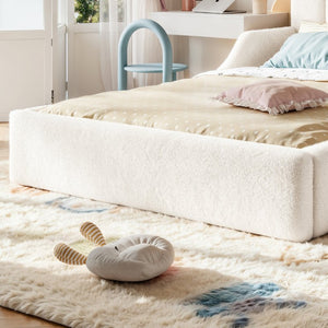 English Elm Twin Teddy Plush Low Profile Kids Bed Scalloped Headboard Padded Floor Frame Full Antique White W5305P519389