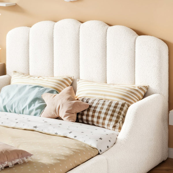 English Elm Twin Teddy Plush Low Profile Kids Bed Scalloped Headboard Padded Floor Frame Full Antique White W5305P519389