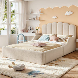 English Elm Full Plush Teddy Upholstered Floor Bed Scalloped Headboard Low Profile Kids Frame Full Beige W5305P519390