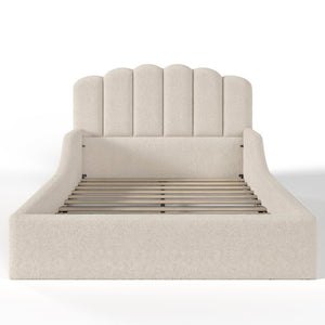 English Elm Full Plush Teddy Upholstered Floor Bed Scalloped Headboard Low Profile Kids Frame Full Beige W5305P519390