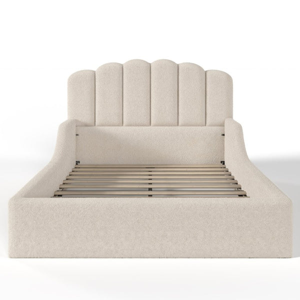 English Elm Full Plush Teddy Upholstered Floor Bed Scalloped Headboard Low Profile Kids Frame Full Beige W5305P519390