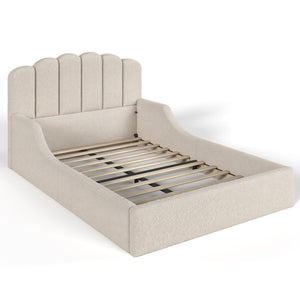 English Elm Full Plush Teddy Upholstered Floor Bed Scalloped Headboard Low Profile Kids Frame Full Beige W5305P519390