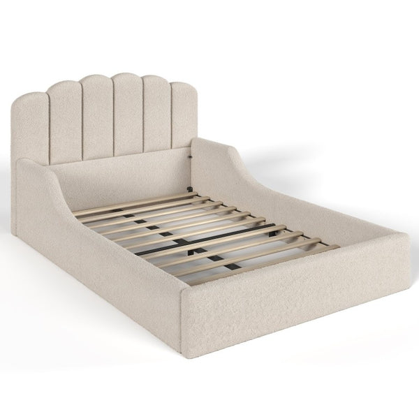 English Elm Full Plush Teddy Upholstered Floor Bed Scalloped Headboard Low Profile Kids Frame Full Beige W5305P519390