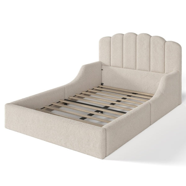English Elm Full Plush Teddy Upholstered Floor Bed Scalloped Headboard Low Profile Kids Frame Full Beige W5305P519390