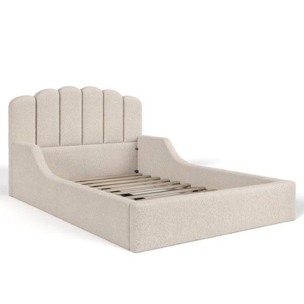 English Elm Full Plush Teddy Upholstered Floor Bed Scalloped Headboard Low Profile Kids Frame Full Beige W5305P519390