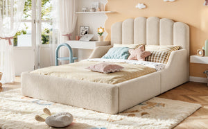 English Elm Full Plush Teddy Upholstered Floor Bed Scalloped Headboard Low Profile Kids Frame Full Beige W5305P519390