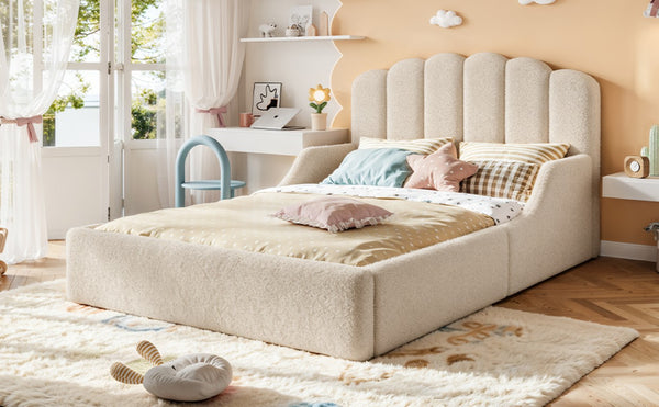 English Elm Full Plush Teddy Upholstered Floor Bed Scalloped Headboard Low Profile Kids Frame Full Beige W5305P519390