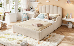 English Elm Full Plush Teddy Upholstered Floor Bed Scalloped Headboard Low Profile Kids Frame Full Beige W5305P519390