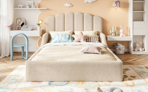 English Elm Full Plush Teddy Upholstered Floor Bed Scalloped Headboard Low Profile Kids Frame Full Beige W5305P519390