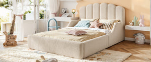 English Elm Full Plush Teddy Upholstered Floor Bed Scalloped Headboard Low Profile Kids Frame Full Beige W5305P519390