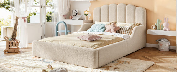English Elm Full Plush Teddy Upholstered Floor Bed Scalloped Headboard Low Profile Kids Frame Full Beige W5305P519390