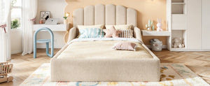 English Elm Full Plush Teddy Upholstered Floor Bed Scalloped Headboard Low Profile Kids Frame Full Beige W5305P519390