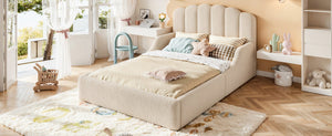 English Elm Full Plush Teddy Upholstered Floor Bed Scalloped Headboard Low Profile Kids Frame Full Beige W5305P519390
