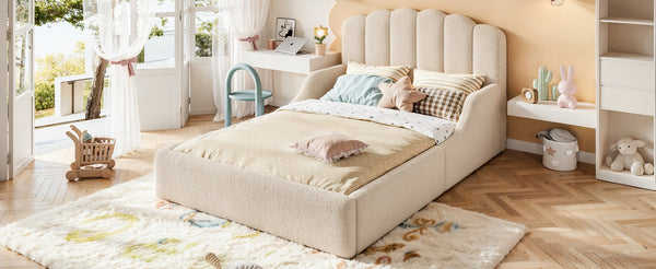 English Elm Full Plush Teddy Upholstered Floor Bed Scalloped Headboard Low Profile Kids Frame Full Beige W5305P519390