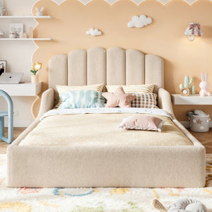 English Elm Full Plush Teddy Upholstered Floor Bed Scalloped Headboard Low Profile Kids Frame Full Beige W5305P519390