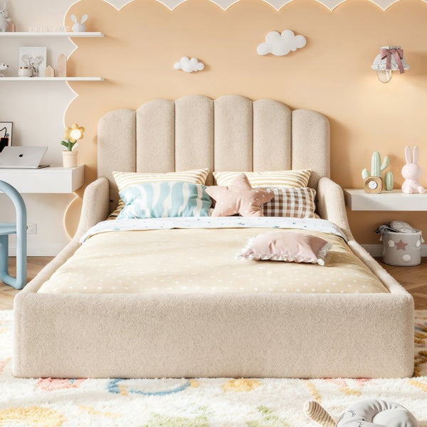 English Elm Full Plush Teddy Upholstered Floor Bed Scalloped Headboard Low Profile Kids Frame Full Beige W5305P519390