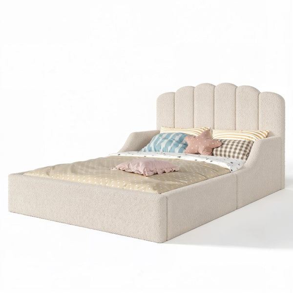 English Elm Full Plush Teddy Upholstered Floor Bed Scalloped Headboard Low Profile Kids Frame Full Beige W5305P519390