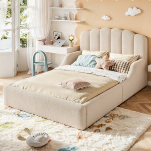 English Elm Full Plush Teddy Upholstered Floor Bed Scalloped Headboard Low Profile Kids Frame Full Beige W5305P519390