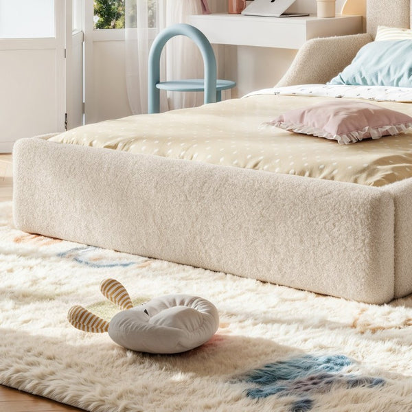 English Elm Full Plush Teddy Upholstered Floor Bed Scalloped Headboard Low Profile Kids Frame Full Beige W5305P519390