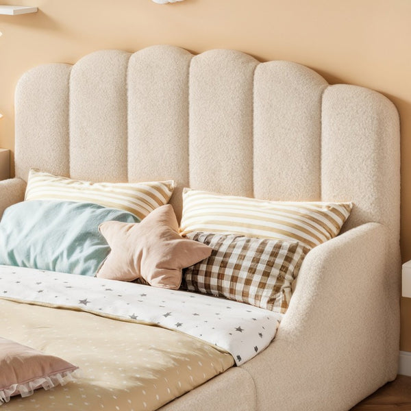 English Elm Full Plush Teddy Upholstered Floor Bed Scalloped Headboard Low Profile Kids Frame Full Beige W5305P519390