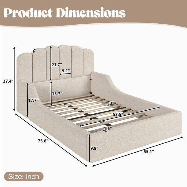 English Elm Full Plush Teddy Upholstered Floor Bed Scalloped Headboard Low Profile Kids Frame Full Beige W5305P519390
