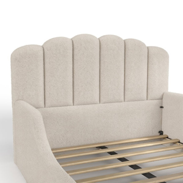 English Elm Full Plush Teddy Upholstered Floor Bed Scalloped Headboard Low Profile Kids Frame Full Beige W5305P519390
