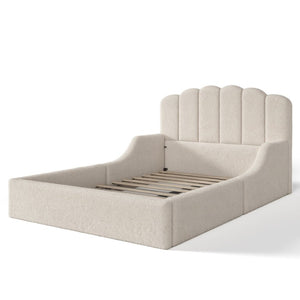 English Elm Full Plush Teddy Upholstered Floor Bed Scalloped Headboard Low Profile Kids Frame Full Beige W5305P519390