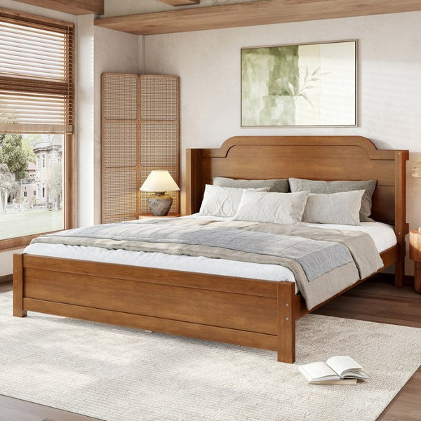 English Elm Queen Scalloped Headboard Plush Upholstered Floor Bed Soft Frame for Kids Teens Brown MDF,Pine,Plywood W5305P524855