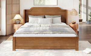 English Elm Queen Scalloped Headboard Plush Upholstered Floor Bed Soft Frame for Kids Teens Brown MDF,Pine,Plywood W5305P524855
