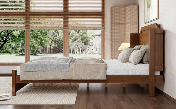 English Elm Queen Scalloped Headboard Plush Upholstered Floor Bed Soft Frame for Kids Teens Brown MDF,Pine,Plywood W5305P524855