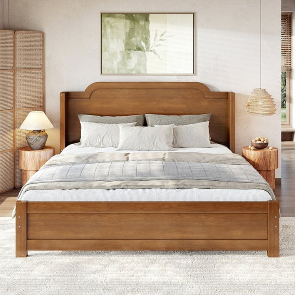 English Elm Queen Scalloped Headboard Plush Upholstered Floor Bed Soft Frame for Kids Teens Brown MDF,Pine,Plywood W5305P524855