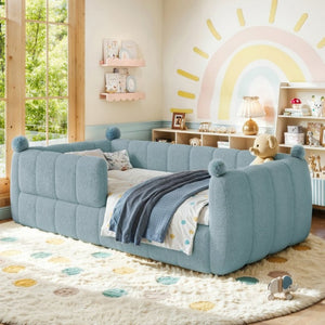 English Elm Twin Montessori Floor Bed Padded Surround Rails Low Profile Kids Upholstered Frame Blue W5305P535540