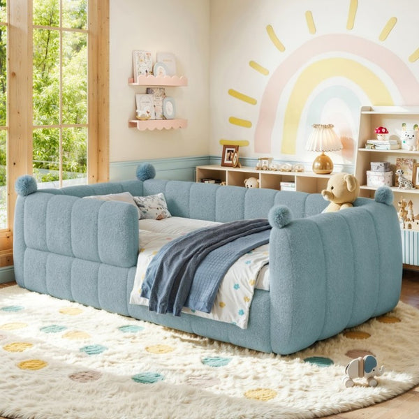English Elm Twin Montessori Floor Bed Padded Surround Rails Low Profile Kids Upholstered Frame Blue W5305P535540