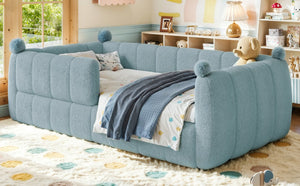 English Elm Twin Montessori Floor Bed Padded Surround Rails Low Profile Kids Upholstered Frame Blue W5305P535540