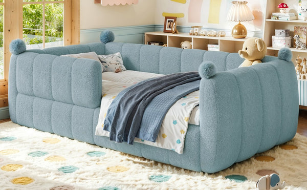 English Elm Twin Montessori Floor Bed Padded Surround Rails Low Profile Kids Upholstered Frame Blue W5305P535540