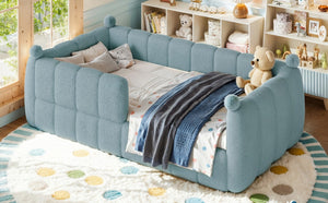 English Elm Twin Montessori Floor Bed Padded Surround Rails Low Profile Kids Upholstered Frame Blue W5305P535540