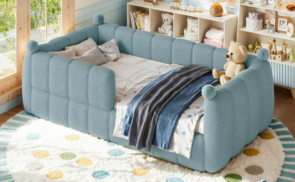 English Elm Twin Montessori Floor Bed Padded Surround Rails Low Profile Kids Upholstered Frame Blue W5305P535540