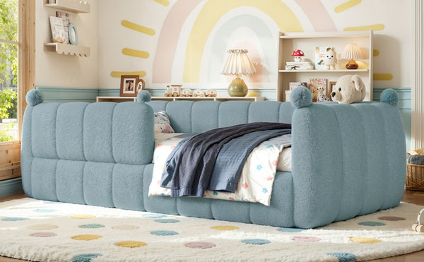 English Elm Twin Montessori Floor Bed Padded Surround Rails Low Profile Kids Upholstered Frame Blue W5305P535540