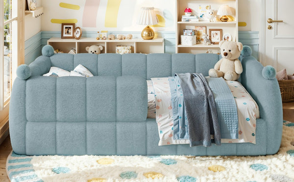 English Elm Twin Montessori Floor Bed Padded Surround Rails Low Profile Kids Upholstered Frame Blue W5305P535540