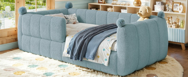 English Elm Twin Montessori Floor Bed Padded Surround Rails Low Profile Kids Upholstered Frame Blue W5305P535540